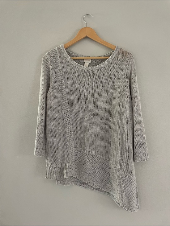 Chico's Tops - Chicos Light Gray & Metalic Open Knit Asymmetrical Knit Sweater